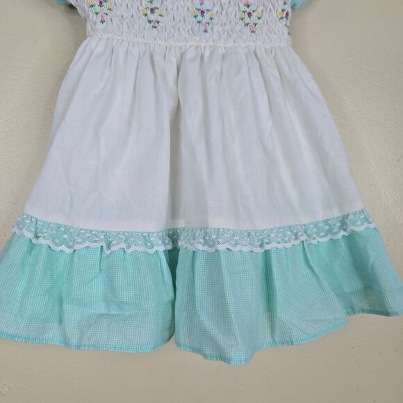 Polly Finders vintage smocked floral apron dress with ruffle shoulders size 3t - Picture 2 of 7